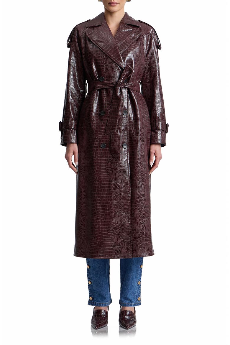 Croc Embossed Faux Leather Maxi Trench Coat, Main, color, DARK RED