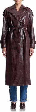 Avec Les Filles Croc Embossed Faux Leather Maxi Trench Coat