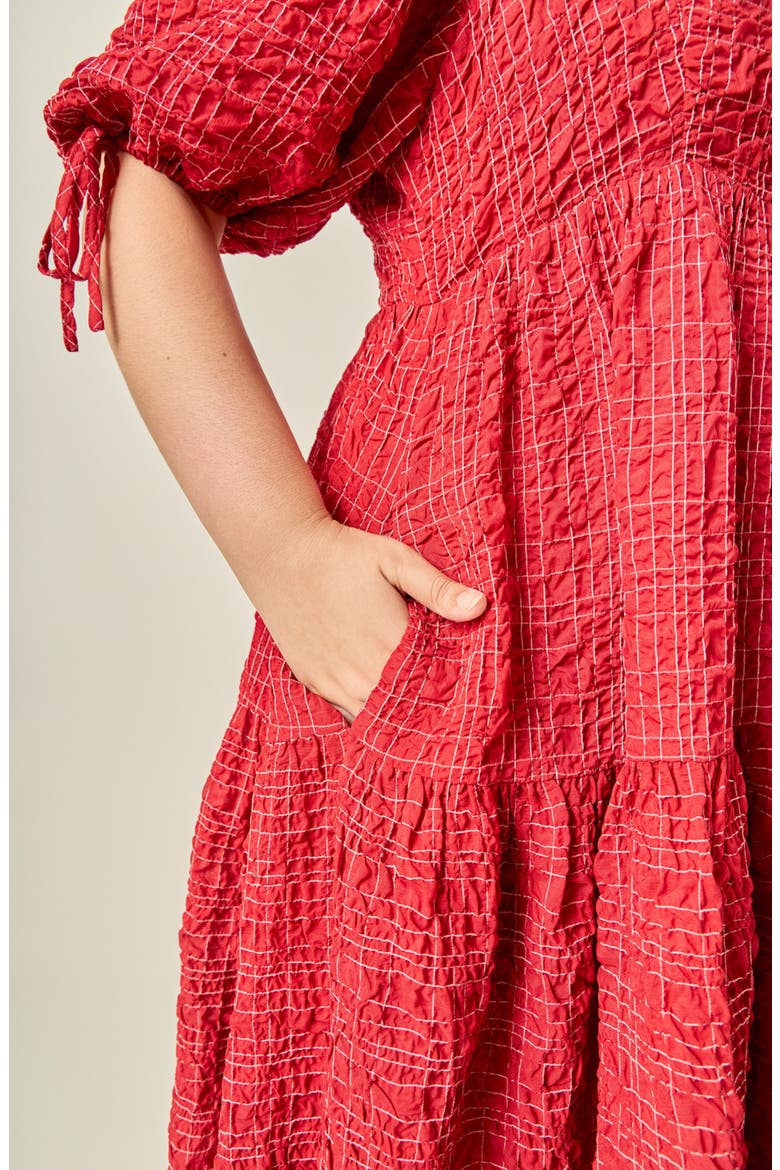 Crinkled Gingham Flounce Dress, Alternate, color, BURGUNDY