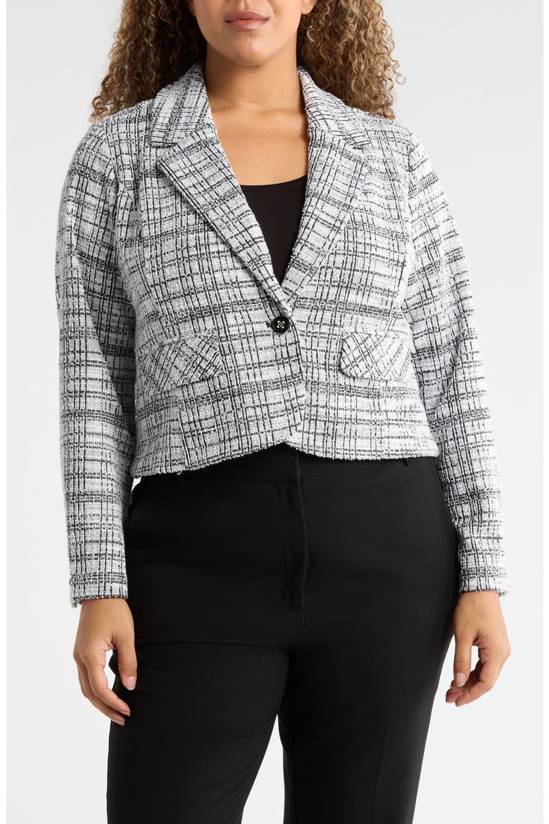 Plaid Tweed Crop Blazer, Alternate, color, BLACK/ WHITE PLAID