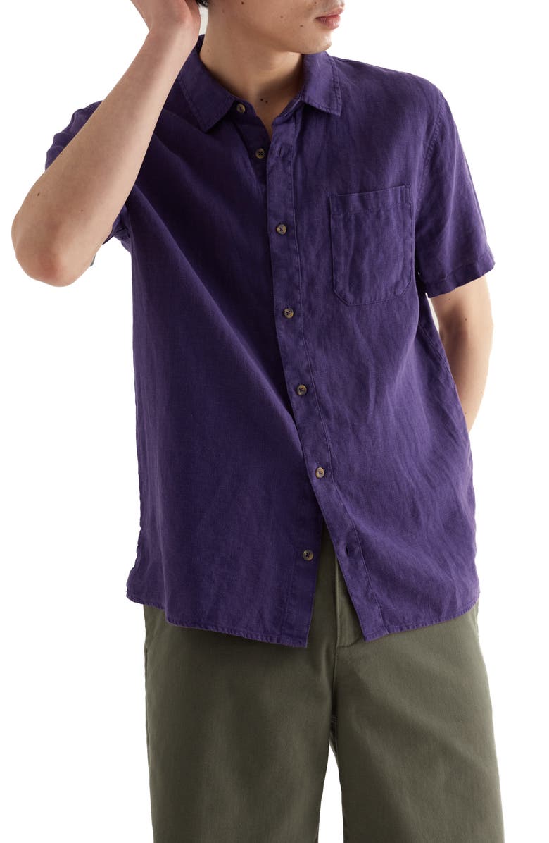 Seasalt Cornwall Carne Short Sleeve Linen Button-Up Shirt, Main, color, Blackcurrant