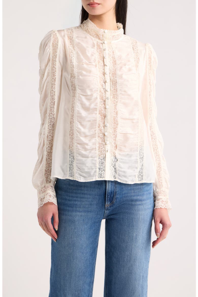 Jacque Lace Silk Paneled Button-Up Shirt, Main, color, CHAI WHIP