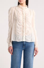 LoveShackFancy Jacque Lace Silk Paneled Button-Up Shirt