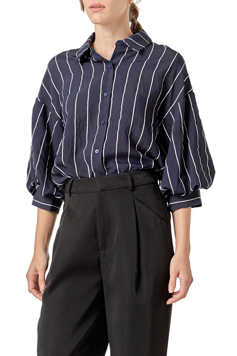 Stripe Balloon Sleeve Shirt, Alternate, color, NAVY/ WHITE