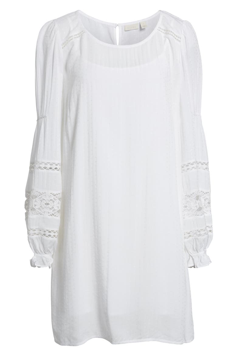 Lace Trim Puff Sleeve Shift Dress, Alternate, color, WHITE