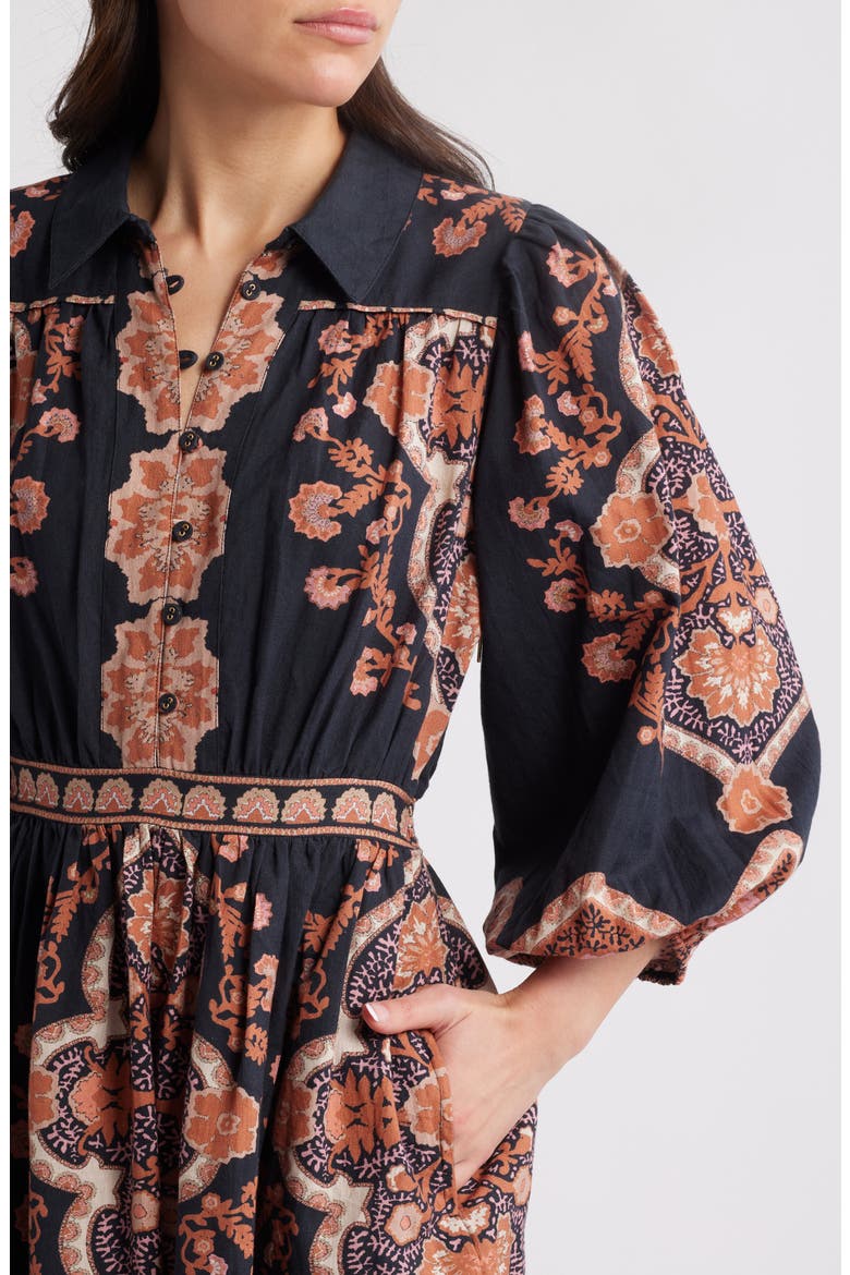 Leigh Mixed Print Long Sleeve Cotton & Linen Minidress, Alternate, color, DARK LAGOS