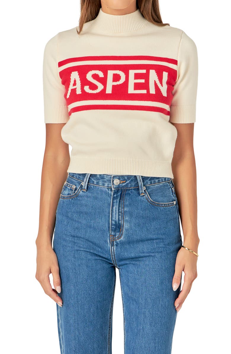 English Factory Motif Short Sleeve Sweater, Alternate, color, Cream/ Red