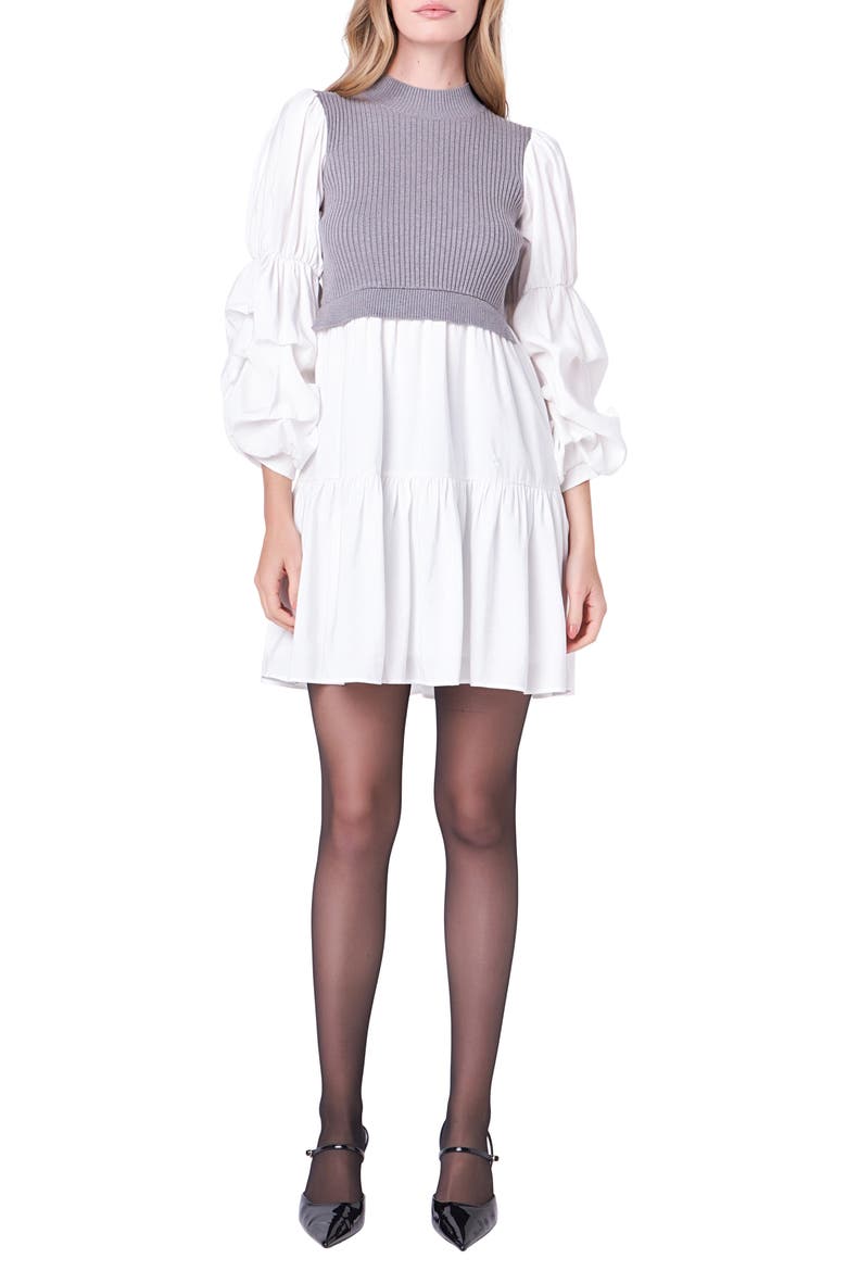 Mixed Media Long Sleeve Tiered Dress, Main, color, HEATHER GREY/WHITE