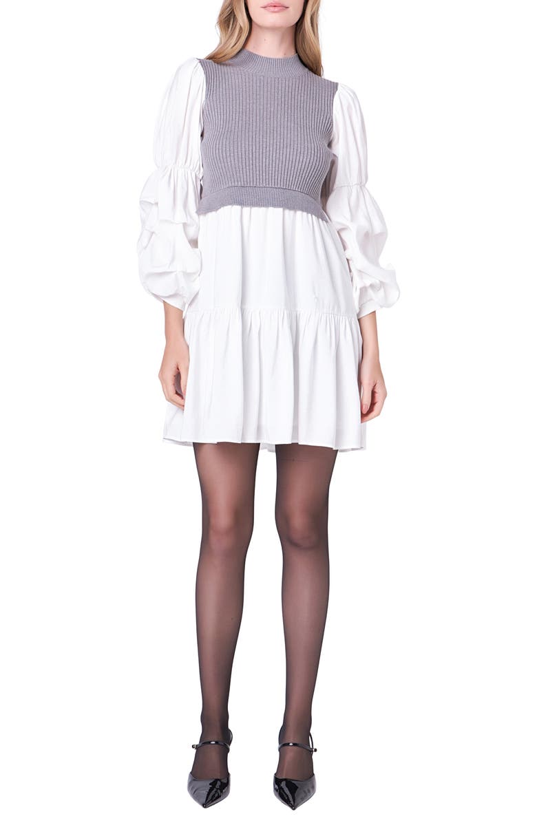 English Factory Mixed Media Long Sleeve Tiered Dress, Main, color, Heather Grey/White