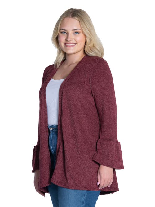 24seven Comfort Apparel Plus Size Knit Three Quarter Bell Sleeve Open Cardigan In Burgundy