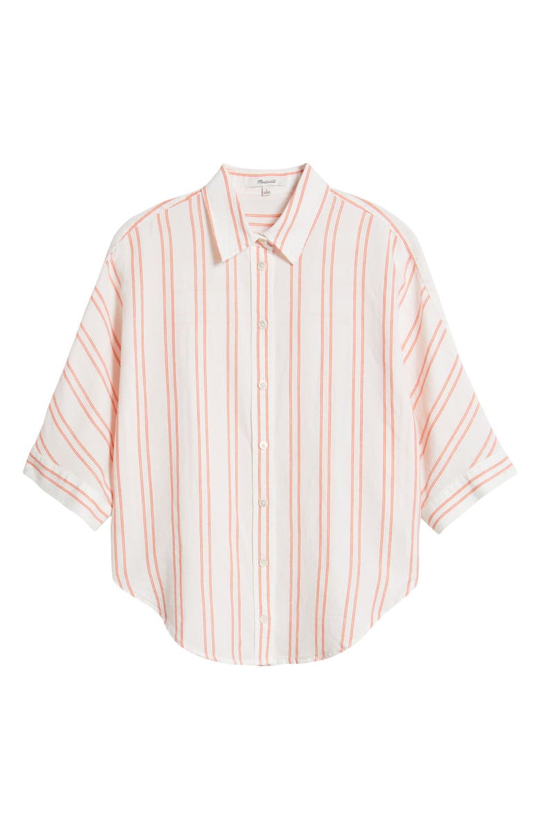 Madewell Stripe Pleat Sleeve Oversize Linen & Cotton Button-Up Shirt, Alternate, color, Bright Flame