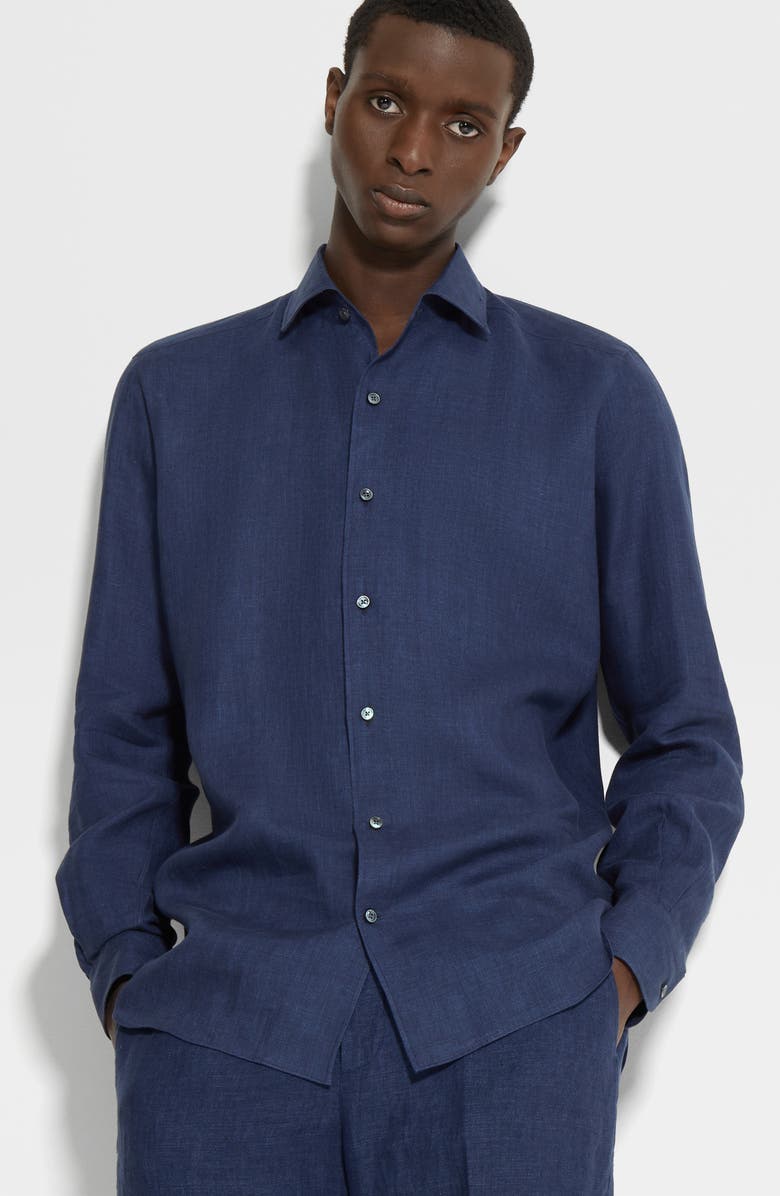 ZEGNA Oasi Linen Button-Up Shirt, Alternate, color, Navy