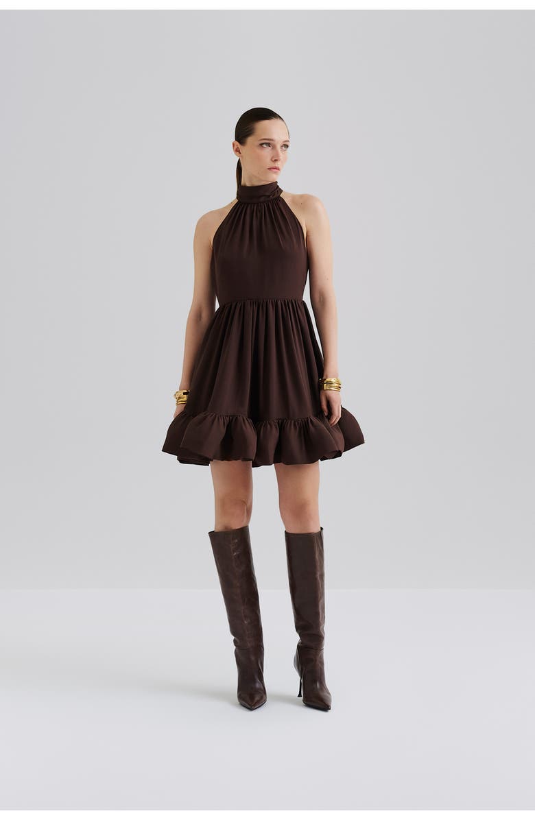 Malina Fern Halterneck Ruffled Mini Dress, Alternate, color, Chocolate