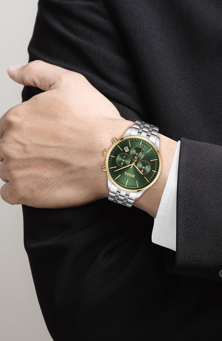 BOSS Avery Chronograph Bracelet Watch, 42mm, Alternate, color, Silver/ Green