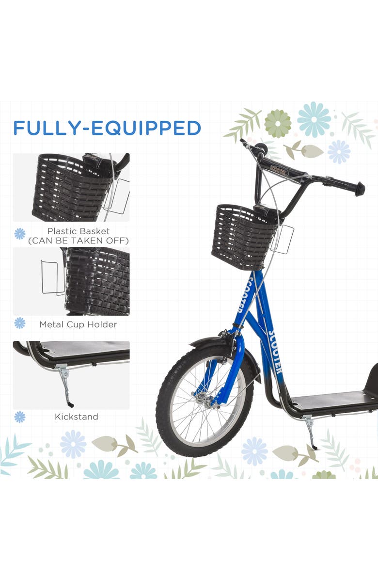 Aosom Youth Kick Scooter with Adjustable Handlebars, Double Brakes, Tires, Basket, Cupholder, Alternate, color, Blue