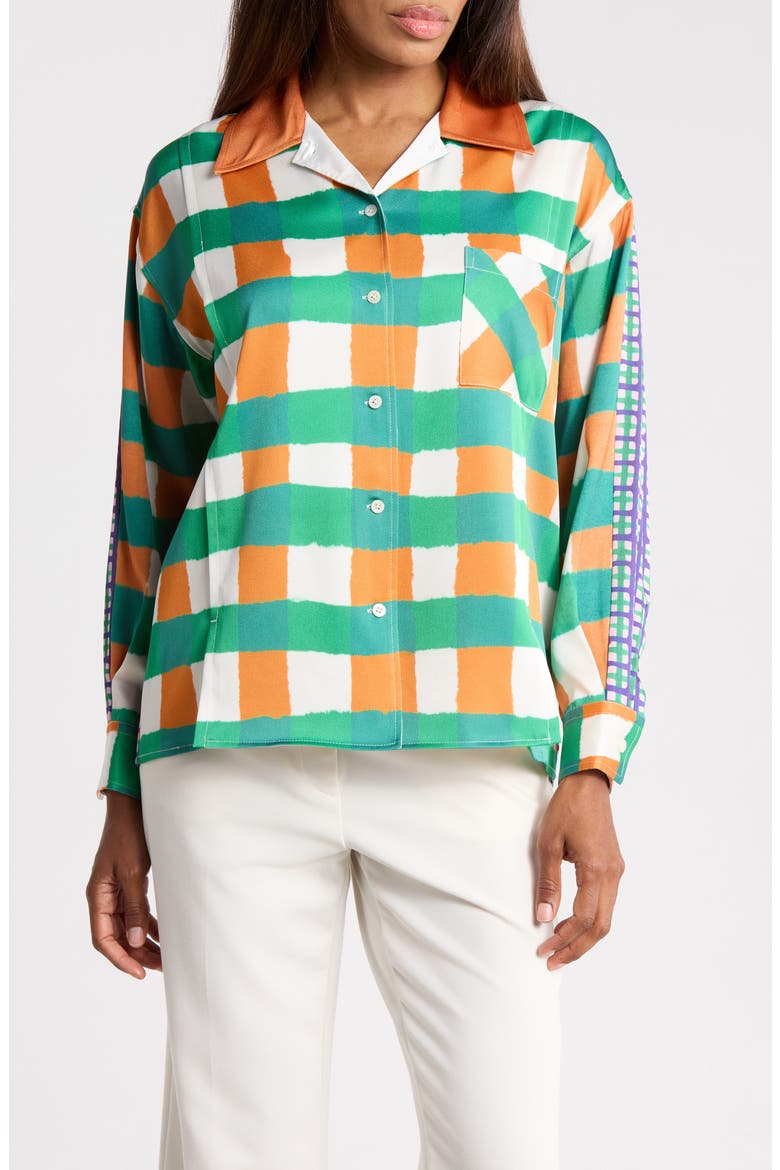 Plaid Long Sleeve Satin Camp Shirt, Main, color, MARIGOLD MULTI