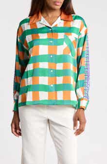 Plaid Long Sleeve Satin Camp Shirt