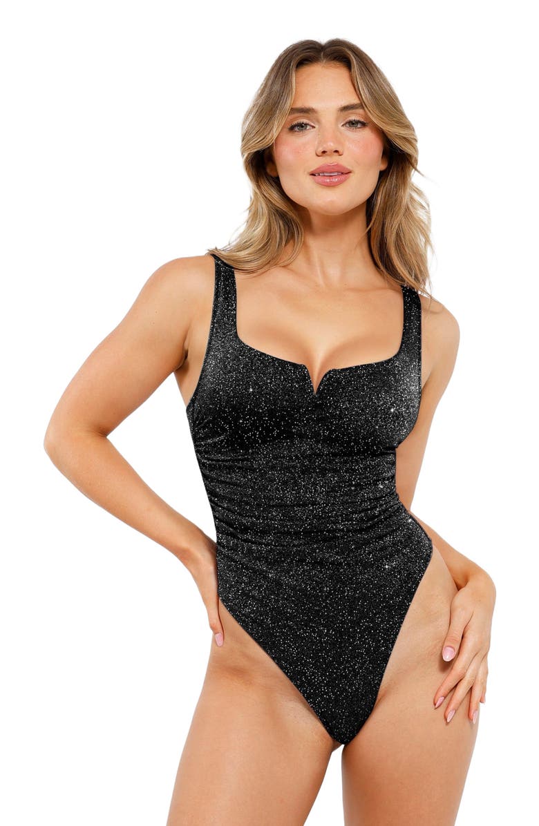 Popilush Shapewear Ruched Metallic Knit Square Neck Slimming Bodysuit, Alternate, color, Jet Black