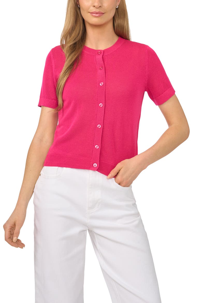 Short Sleeve Button-Up Sweater, Main, color, PINK PEACOCK