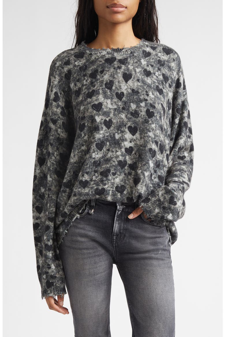 Distressed Heart Print Cashmere Sweater, Main, color, HEATHER GREY