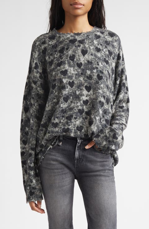Distressed Heart Print Cashmere Sweater