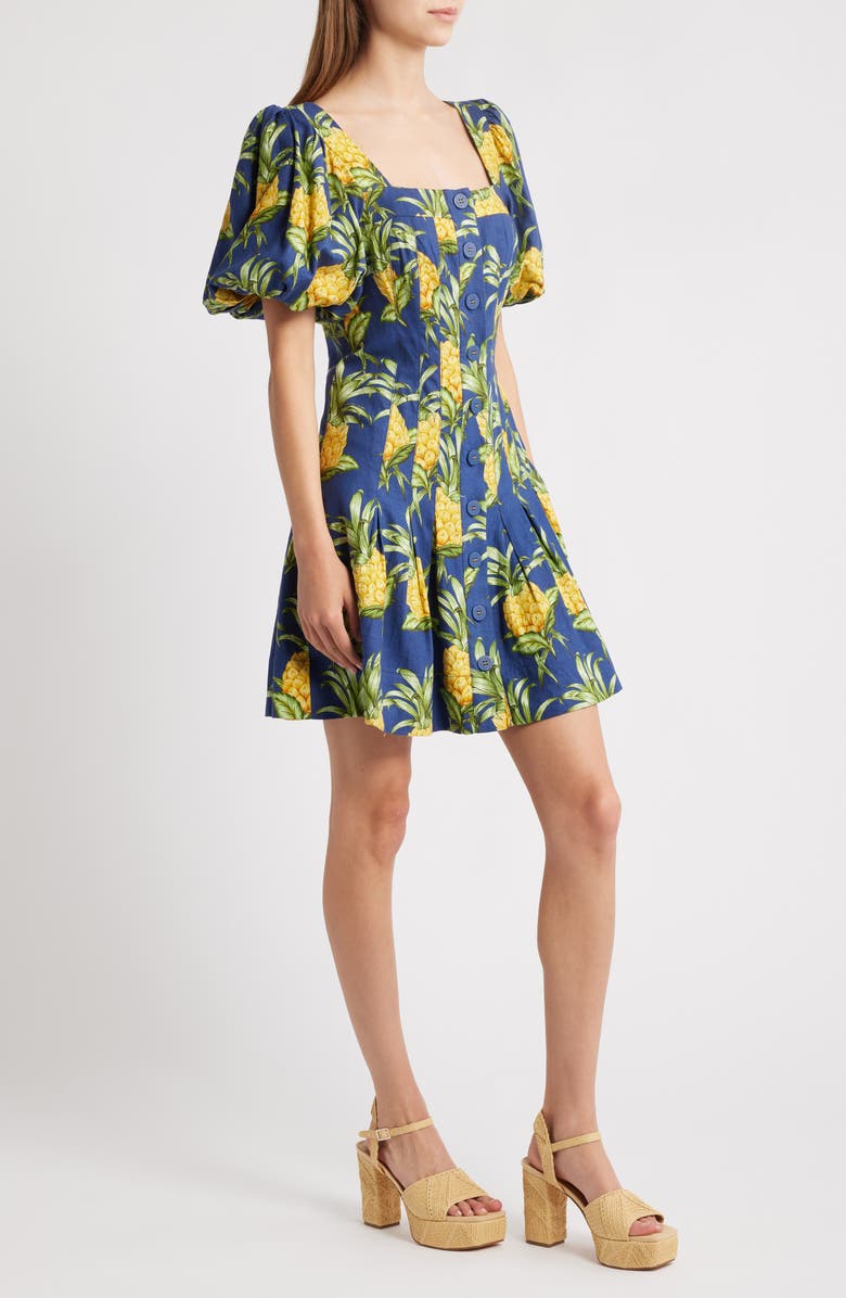 FARM Rio Pineapple Print Linen Blend Minidress, Alternate, color, Navy