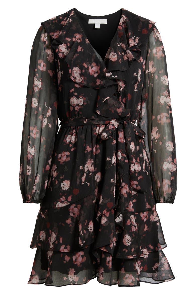 Floral Ruffle Trim Long Sleeve Chiffon Minidress, Alternate, color, BLACK- BURG FLORAL