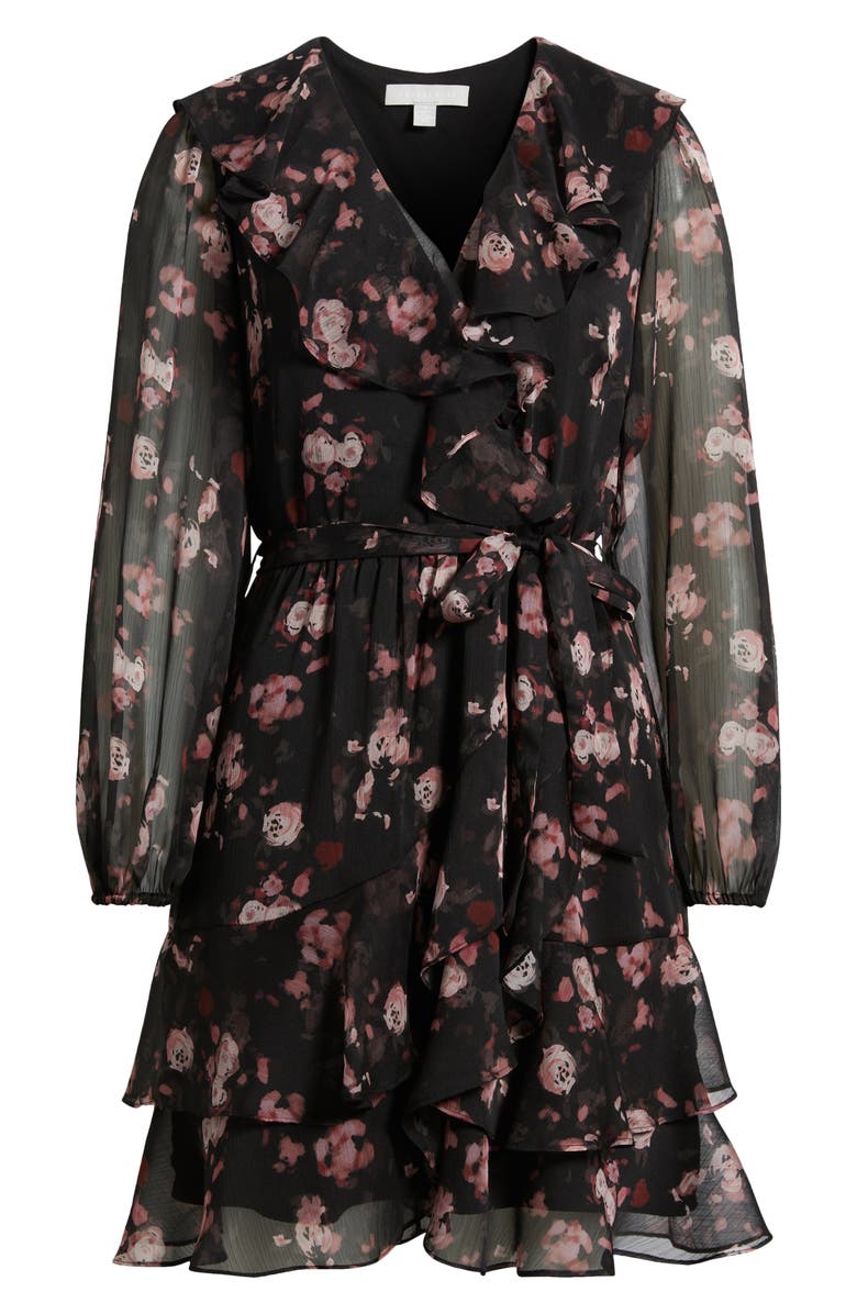 Chelsea28 Floral Ruffle Trim Long Sleeve Chiffon Minidress, Alternate, color, Black- Burg Floral