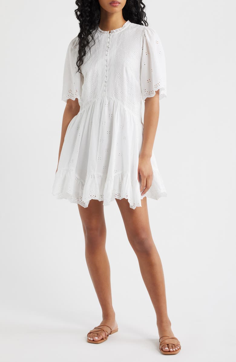 Madewell Eyelet Flutter Sleeve Cotton Minidress, Main, color, White