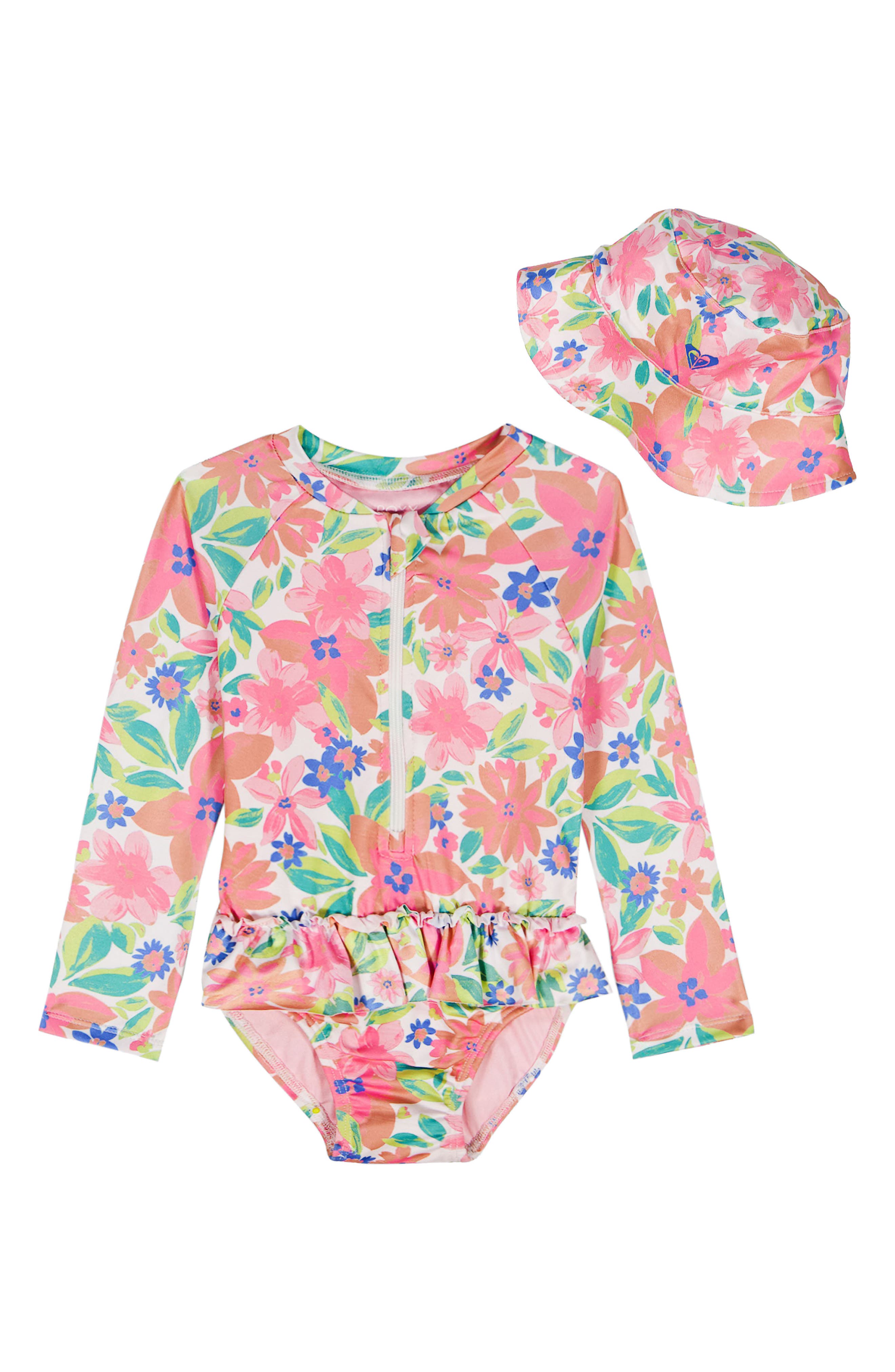 Roxy Long Sleeve One-Piece Rashguard Swimsuit & Hat Set