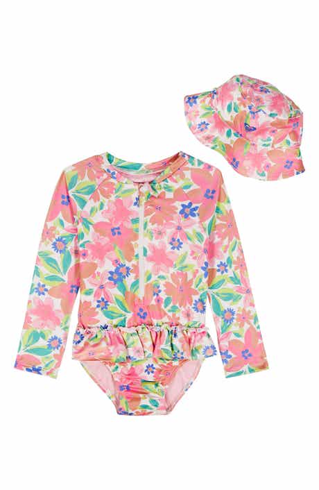 Roxy Long Sleeve One-Piece Rashguard Swimsuit & Hat Set