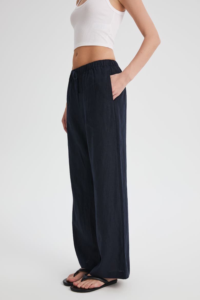 Oversized Linen Wide-Leg Drawstring Pants, Alternate, color, Navy