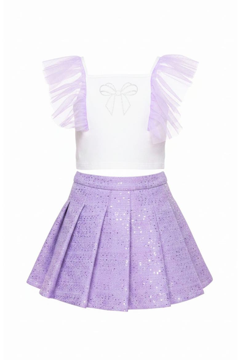 Sweet Bow Flutter Sleeve Top and Tweed Skirt Set, Main, color, Purple