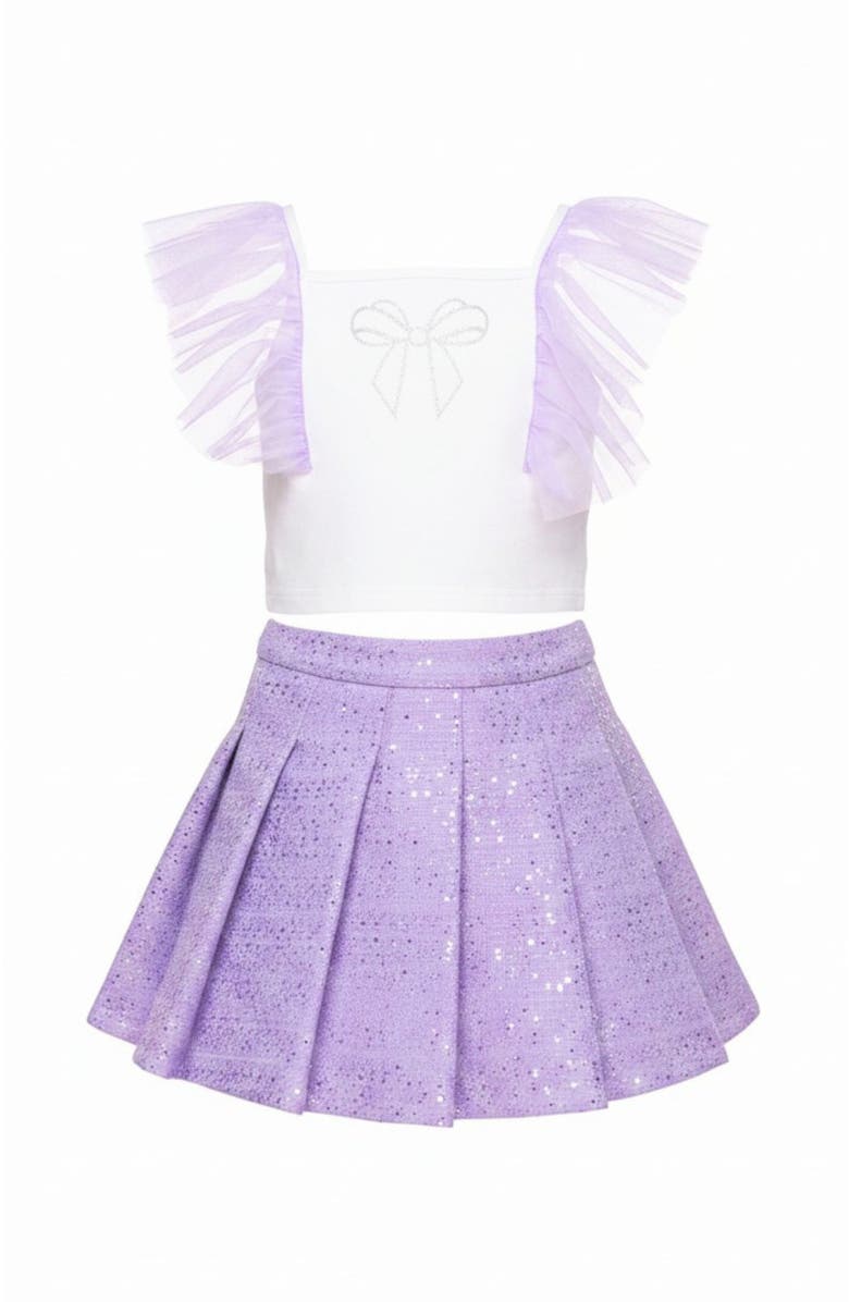 Mia Belle Girls Sweet Bow Flutter Sleeve Top and Tweed Skirt Set, Main, color, Purple