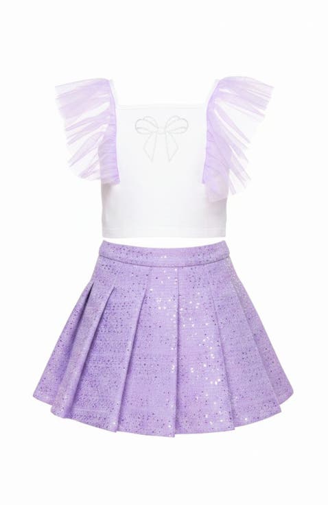 Sweet Bow Flutter Sleeve Top and Tweed Skirt Set (Toddler, Little Kid & Big Kid)