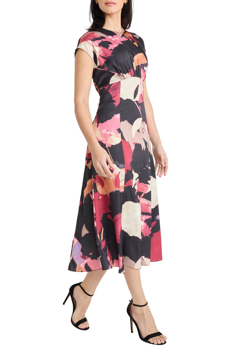 Maggy London Floral Cap Sleeve A-Line Midi Dress, Alternate, color, Black/ Beige