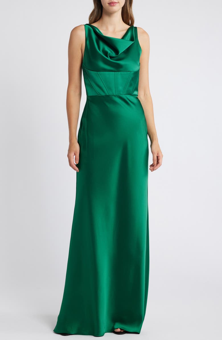 Amsale Cowl Neck Corset Satin Gown, Main, color, 