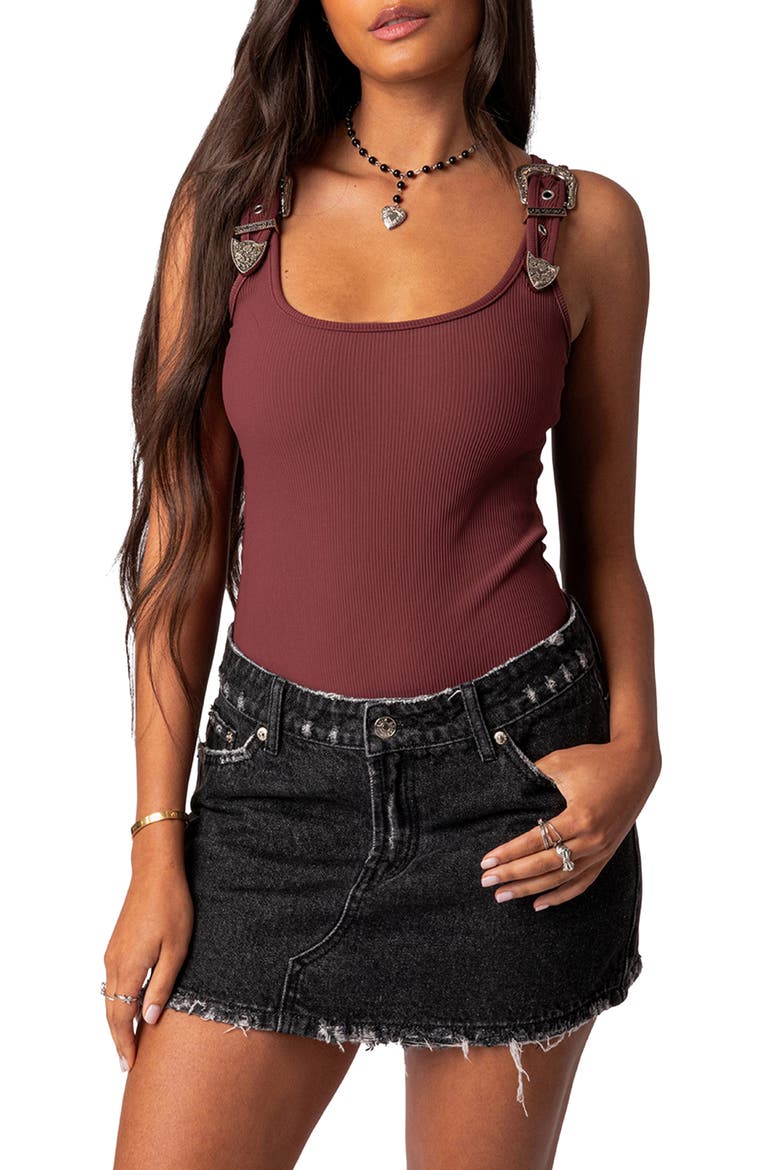 Laney Rib Buckle Strap Bodysuit, Main, color, BORDU