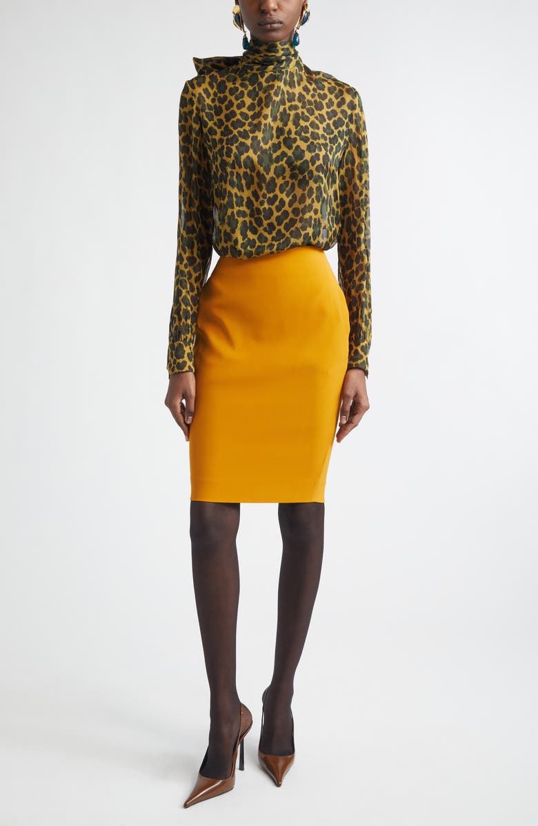 Saint Laurent Leopard Print Silk Top, Alternate, color, Ocre/ Vert