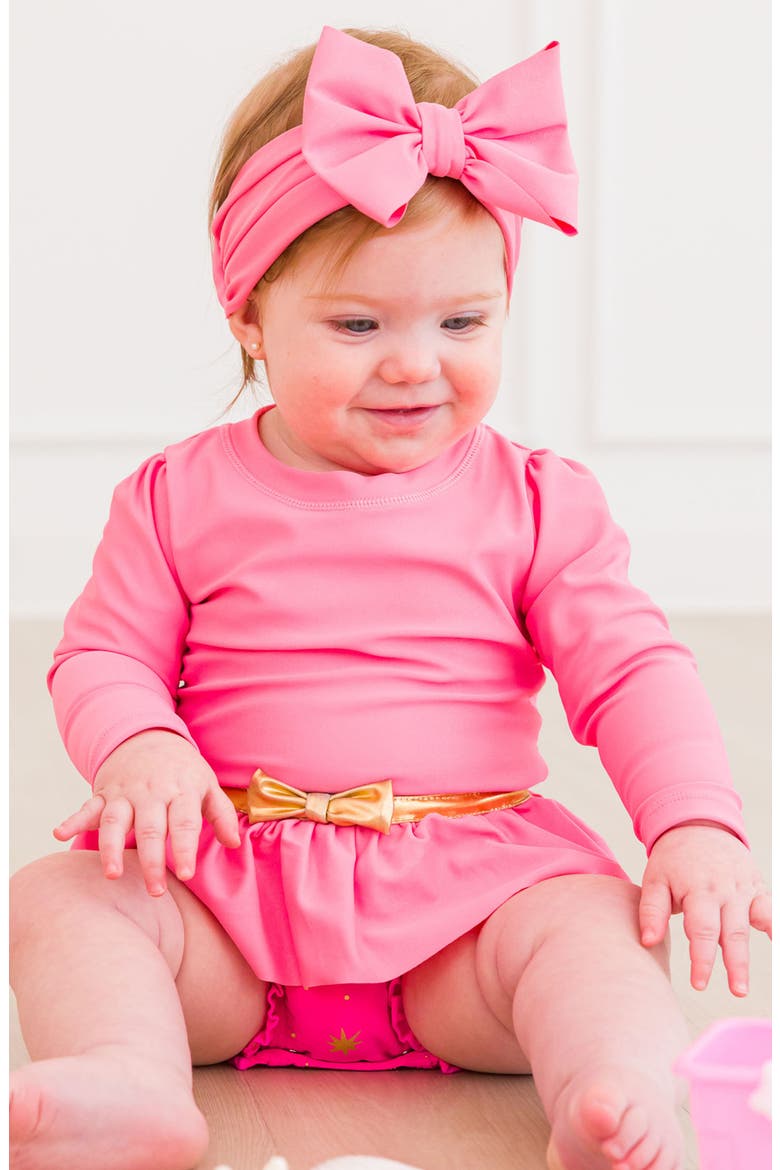 Princess One-Piece Rashguard Swimsuit & Bow Head Wrap Set, Alternate, color, PINK