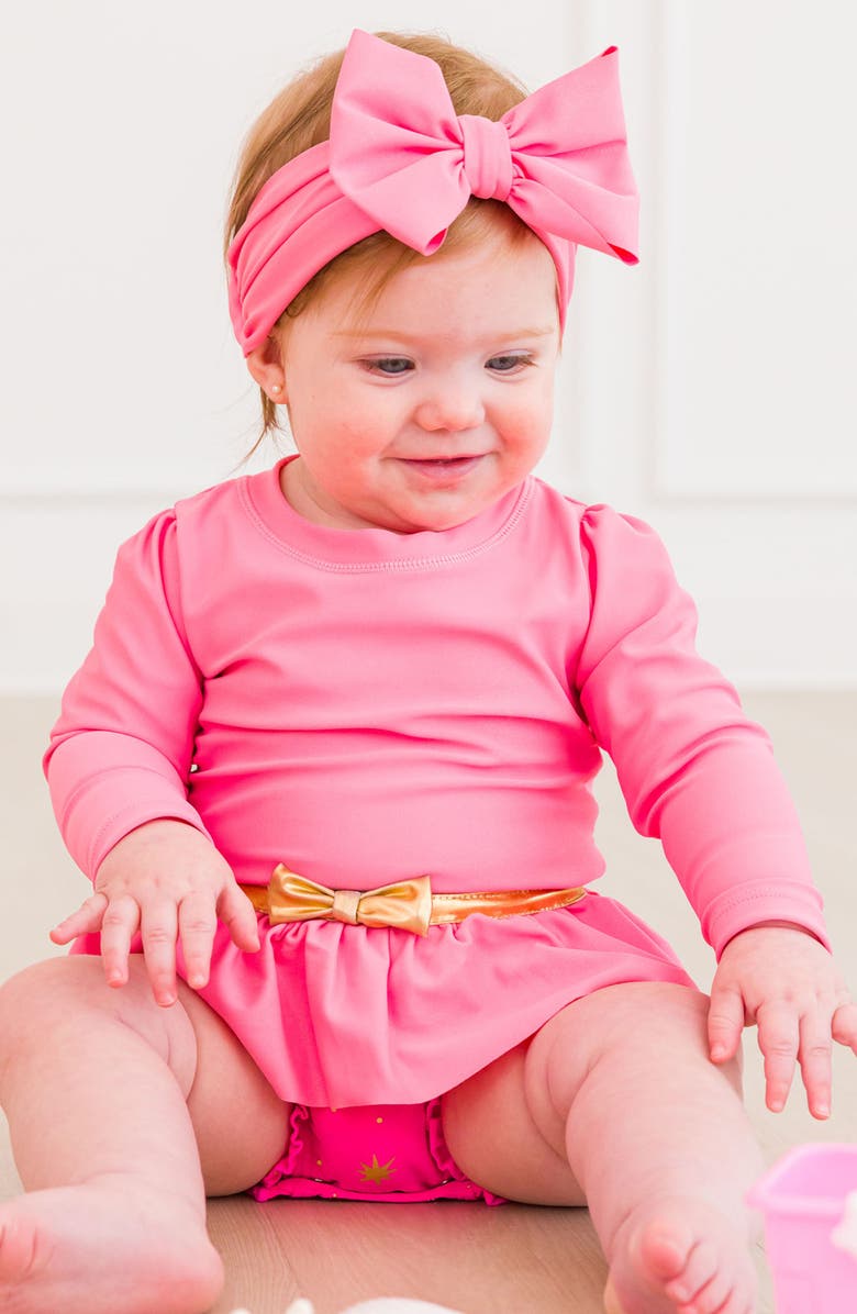 RuffleButts Princess One-Piece Rashguard Swimsuit & Bow Head Wrap Set, Alternate, color, Pink