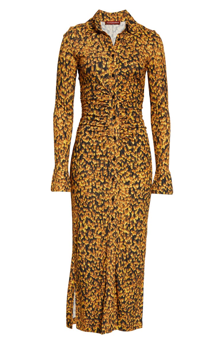 Altuzarra Claudia Feather Print Ruched Long Sleeve Shirtdress, Alternate, color,