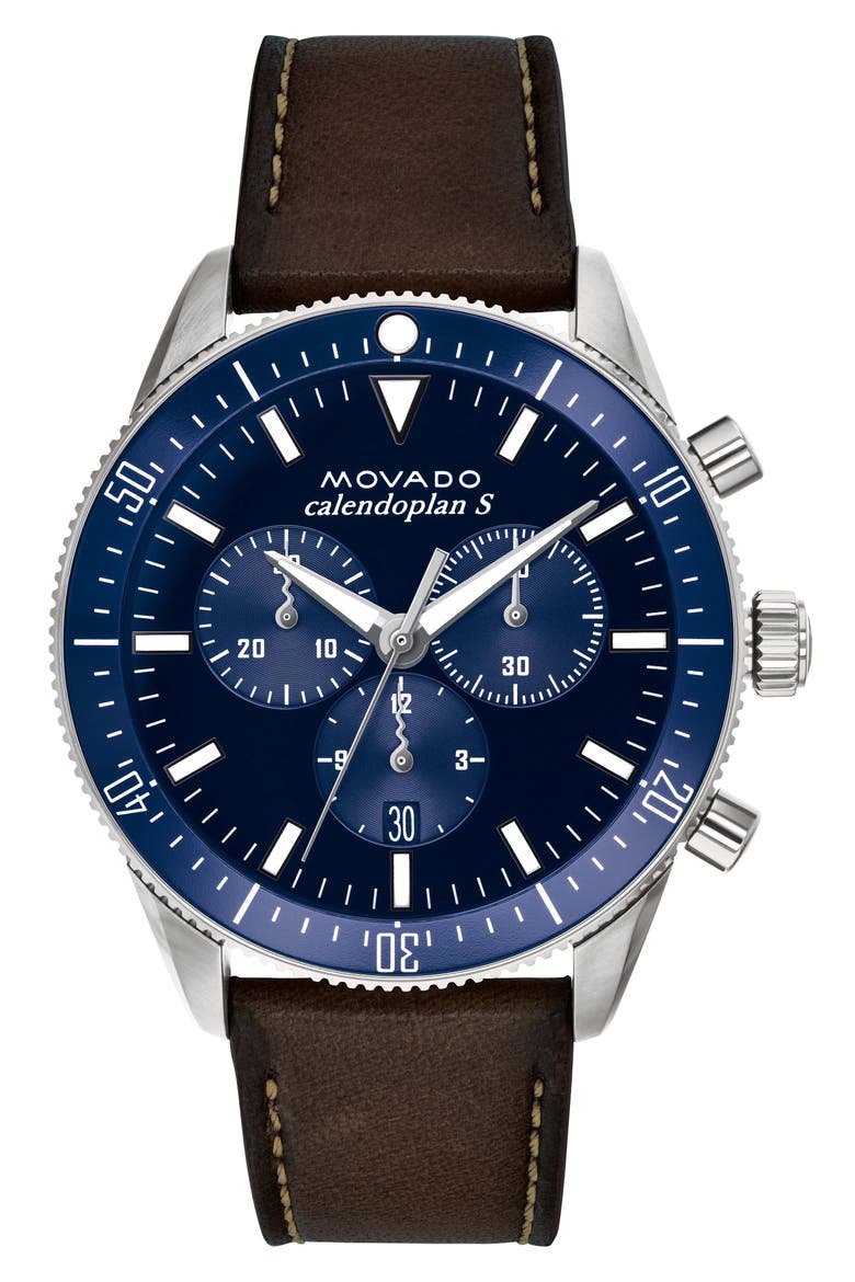 Heritage Chrono Leather Strap Watch, 42mm, Main, color, COGNAC/ BLUE/ SILVER