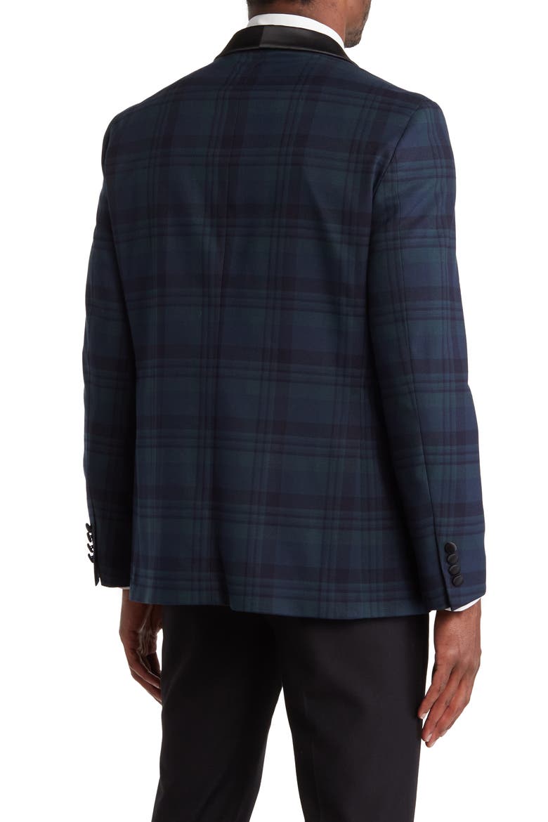Blackwatch Plaid Satin Shawl Collar Jacket, Alternate, color, NAVY