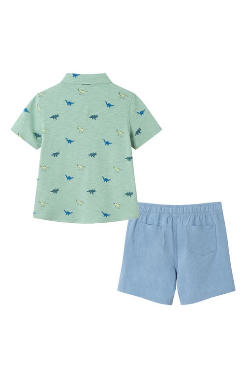 Andy & Evan Kids' Dino Print Short Sleeve Knit Button-up Shirt & Drawstring Shorts Set In Light Green