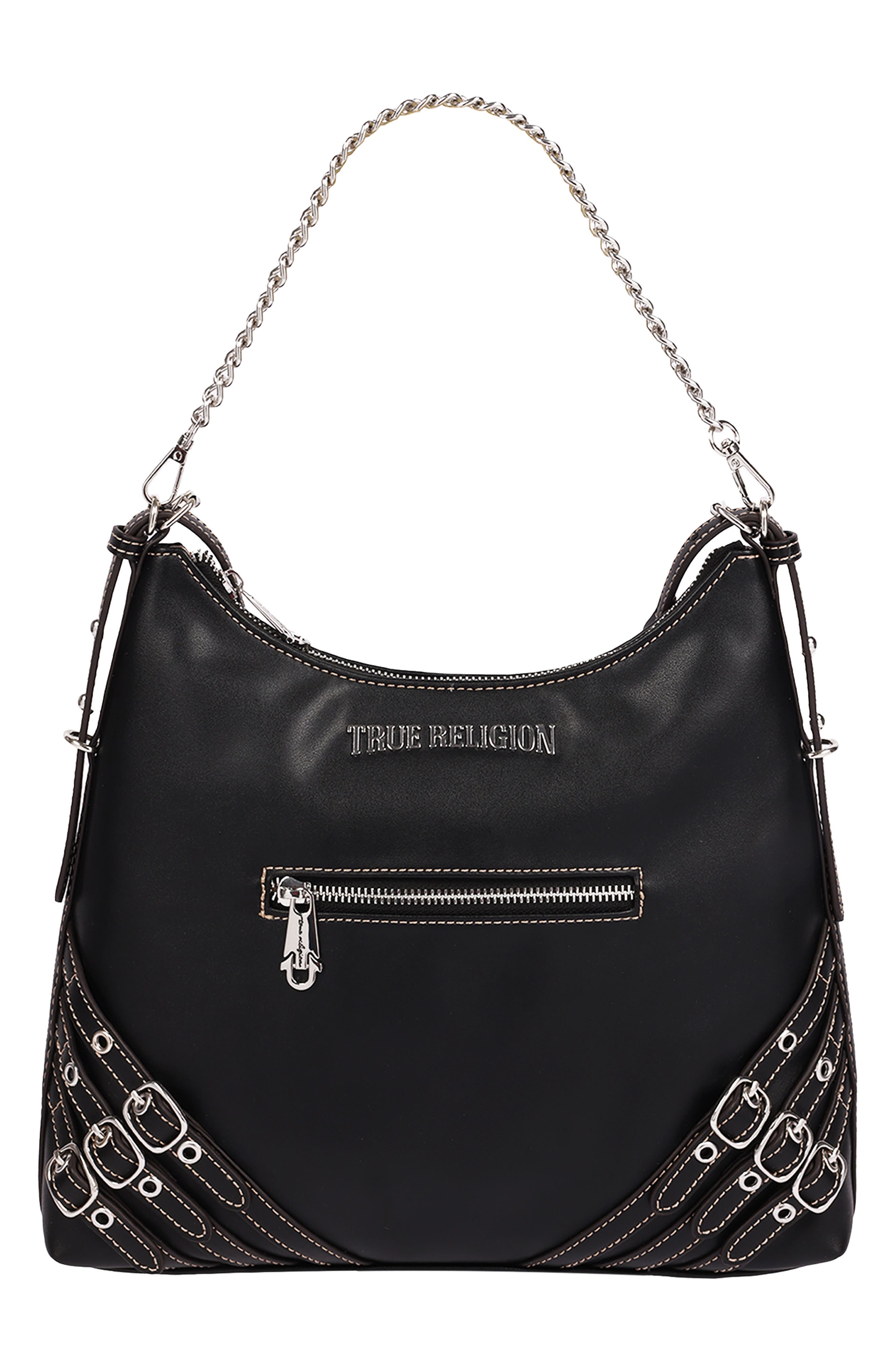 Triple Straps Large Faux Leather Hobo, Alternate, color, BLACK