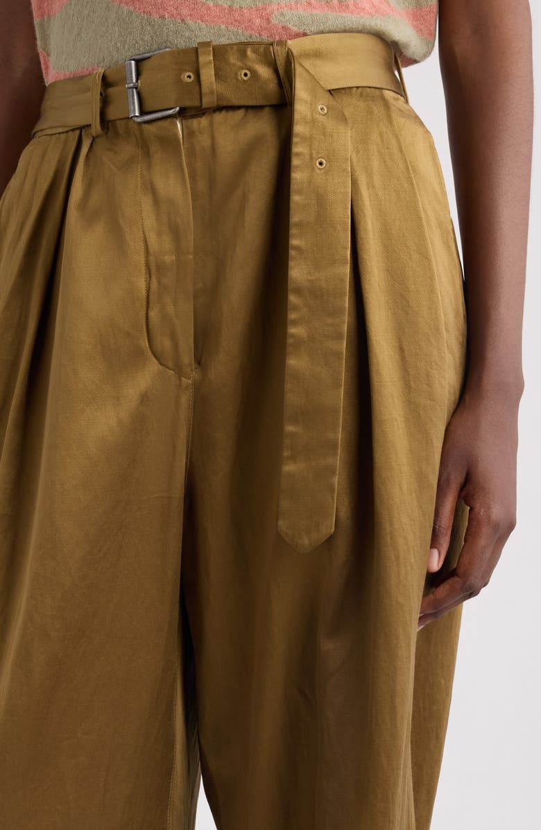 Dries Van Noten Peaches Belted Pleated Wide Leg Trousers, Alternate, color, Umber
