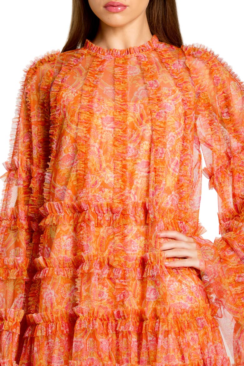 Floral Print Long Flare Sleeve Mesh A-Line Dress, Alternate, color, Mango Multi