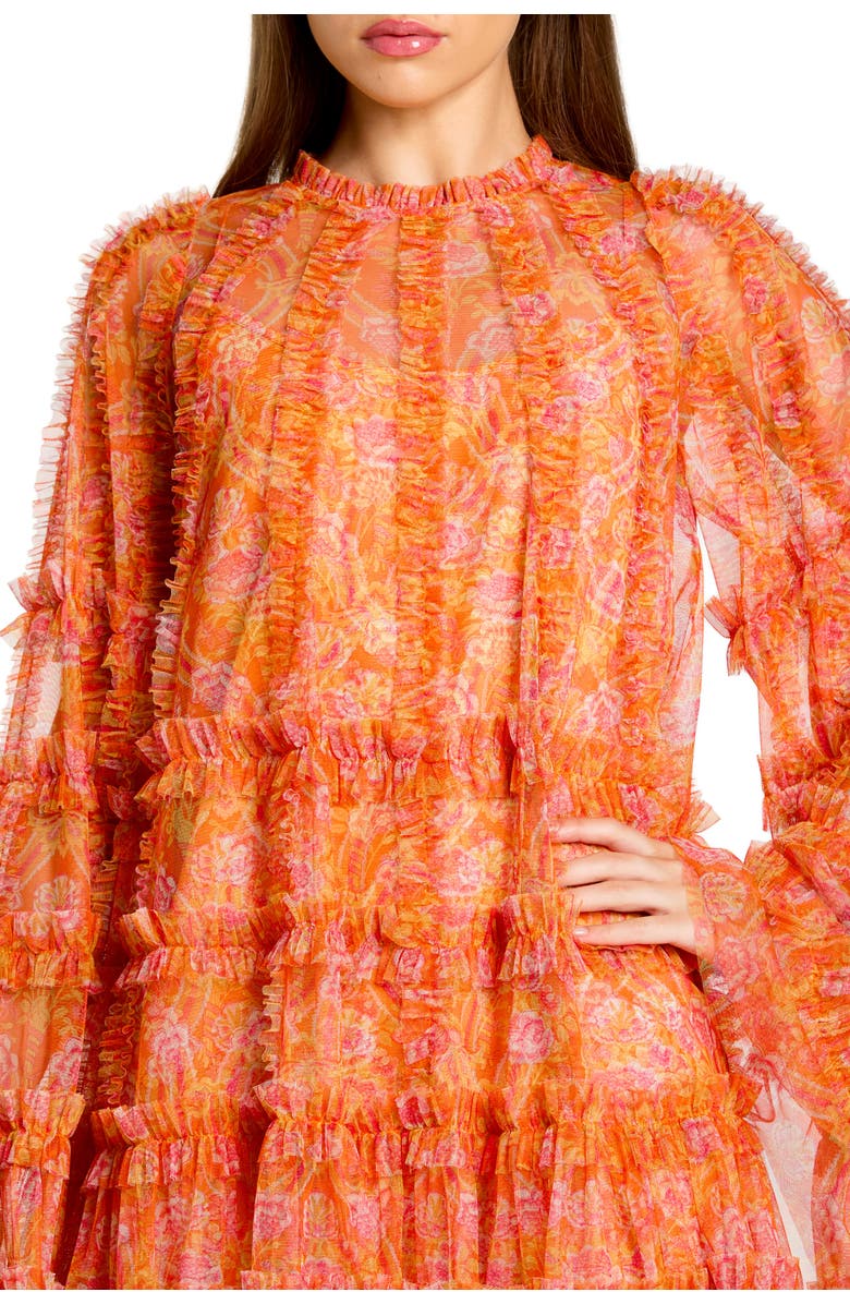 Mac Duggal Floral Print Long Flare Sleeve Mesh A-Line Dress, Alternate, color, Mango Multi