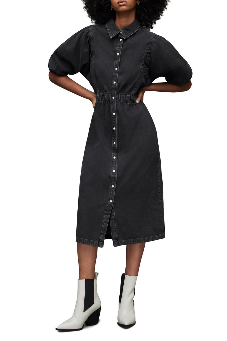 Osa Puff Sleeve Denim Midi Shirtdress, Alternate, color, WASHED BLACK